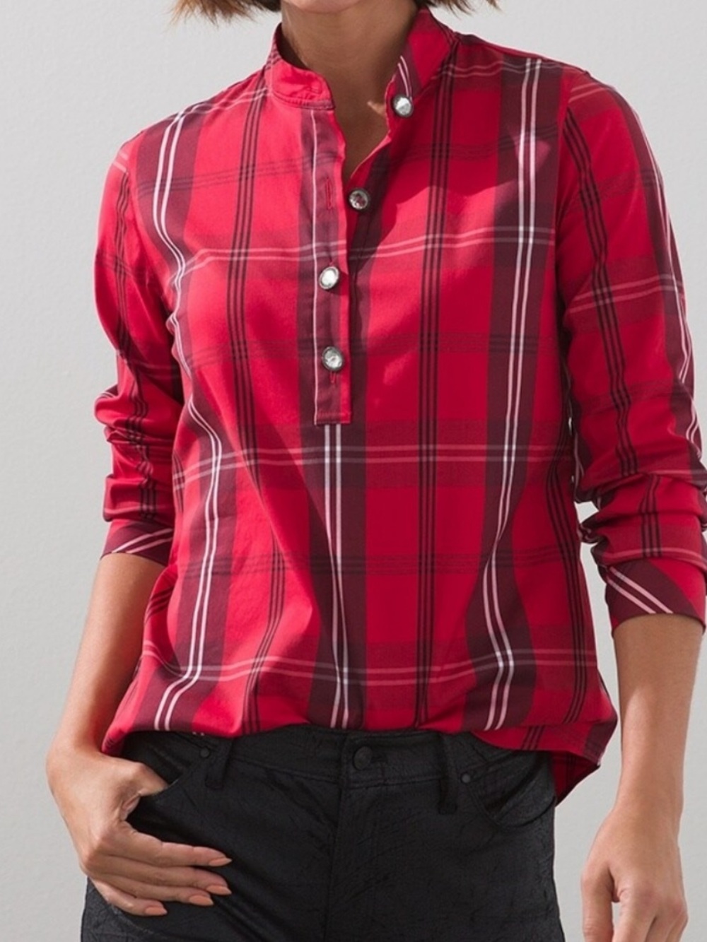 Chico's Red Plaid Crystal Bling Holiday Christmas Blouse Button Down 3 XL 16 18 - Picture 4 of 16